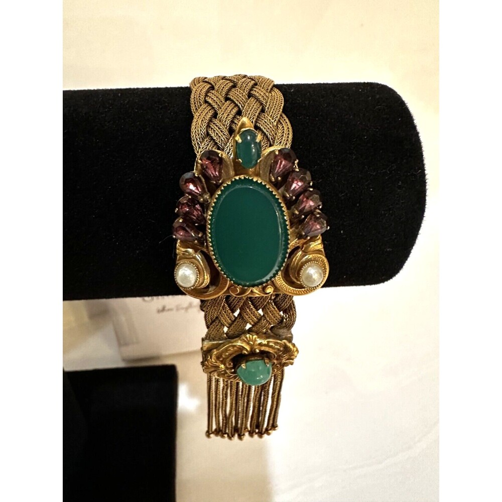 Vintage Art Deco Gold Plated Mesh Slider Bracelet with Green Cabochon Accents